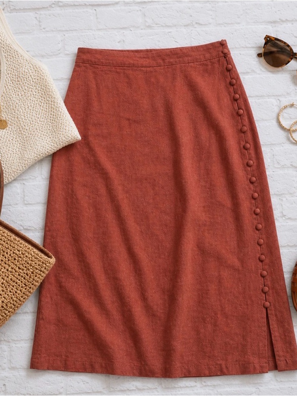 Madewell linen blend terra cotta Rust red orange Button-Trim Midi Skirt 10 - Picture 6 of 6